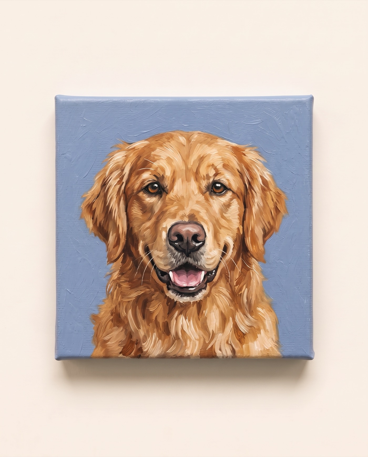 Acrylic painting of a smiling golden retriever on a small square canvas, photographed on cream paper