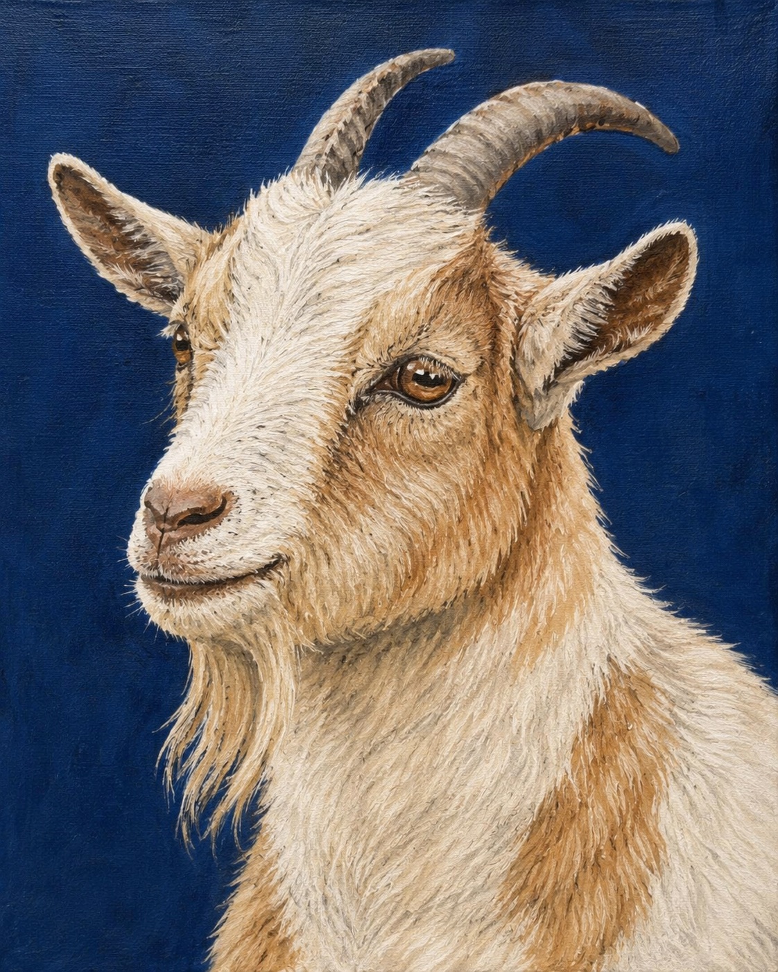 Acrylic painting of a cream and tan pygmy goat with small horns on a deep blue background