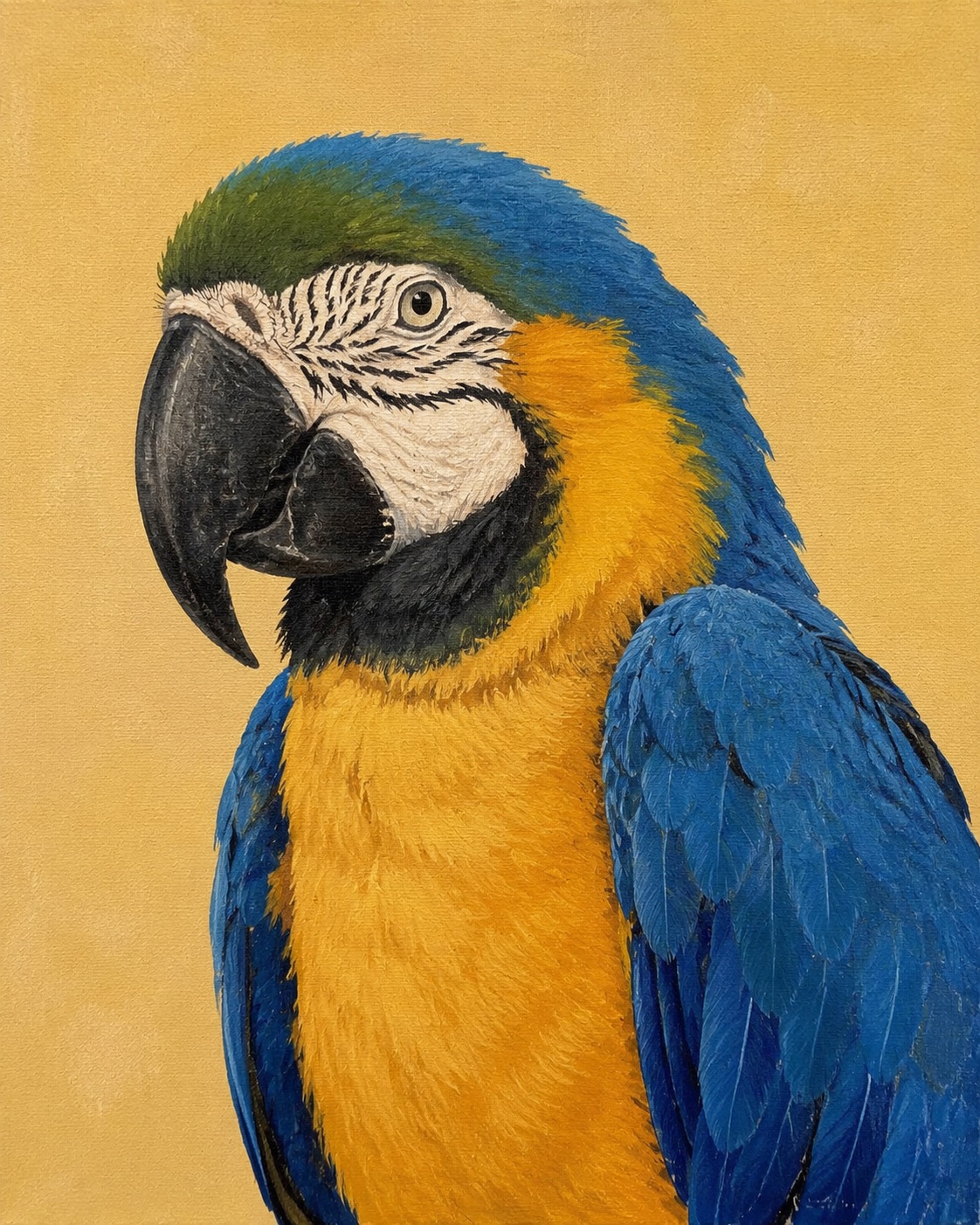 Acrylic painting of a blue-and-gold macaw on a warm ochre background