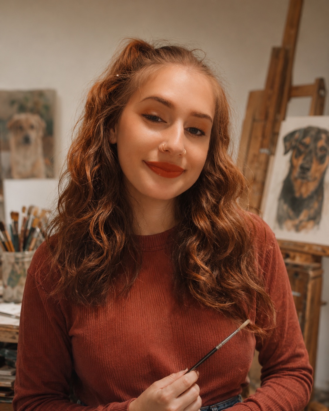 Tatiana Clover in her studio, holding a fine brush, with pet portraits on easels behind her
